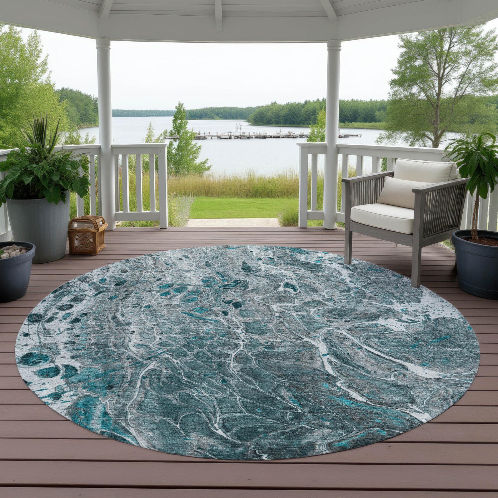 8' Teal Blue And Gray Round Abstract Washable Indoor Outdoor Area Rug Homeroots Outdoor