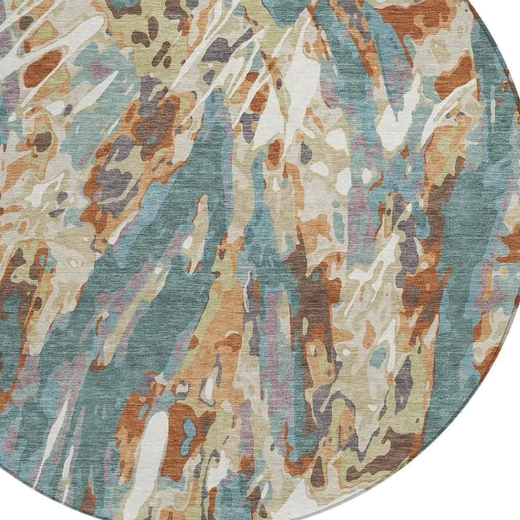 8' Teal Blue And Gray Round Abstract Washable Indoor Outdoor Area Rug Homeroots Outdoor