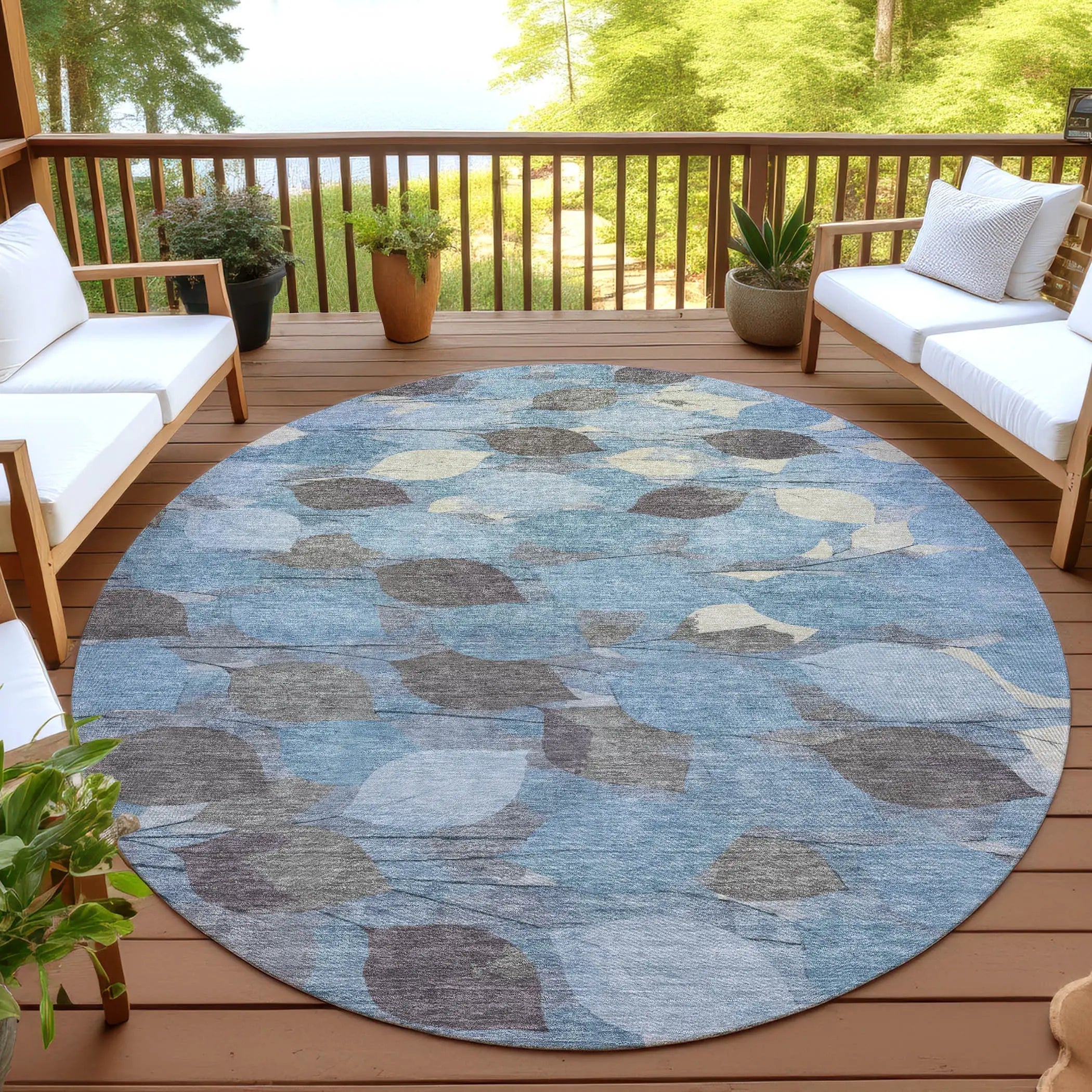 8' Teal Blue And Gray Round Floral Washable Indoor Outdoor Area Rug Homeroots Outdoor