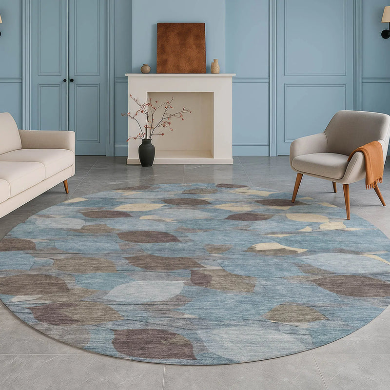 8' Teal Blue And Gray Round Floral Washable Indoor Outdoor Area Rug Homeroots Outdoor