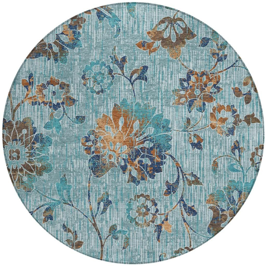 8' Teal Blue And Gray Round Floral Washable Indoor Outdoor Area Rug Homeroots Outdoor