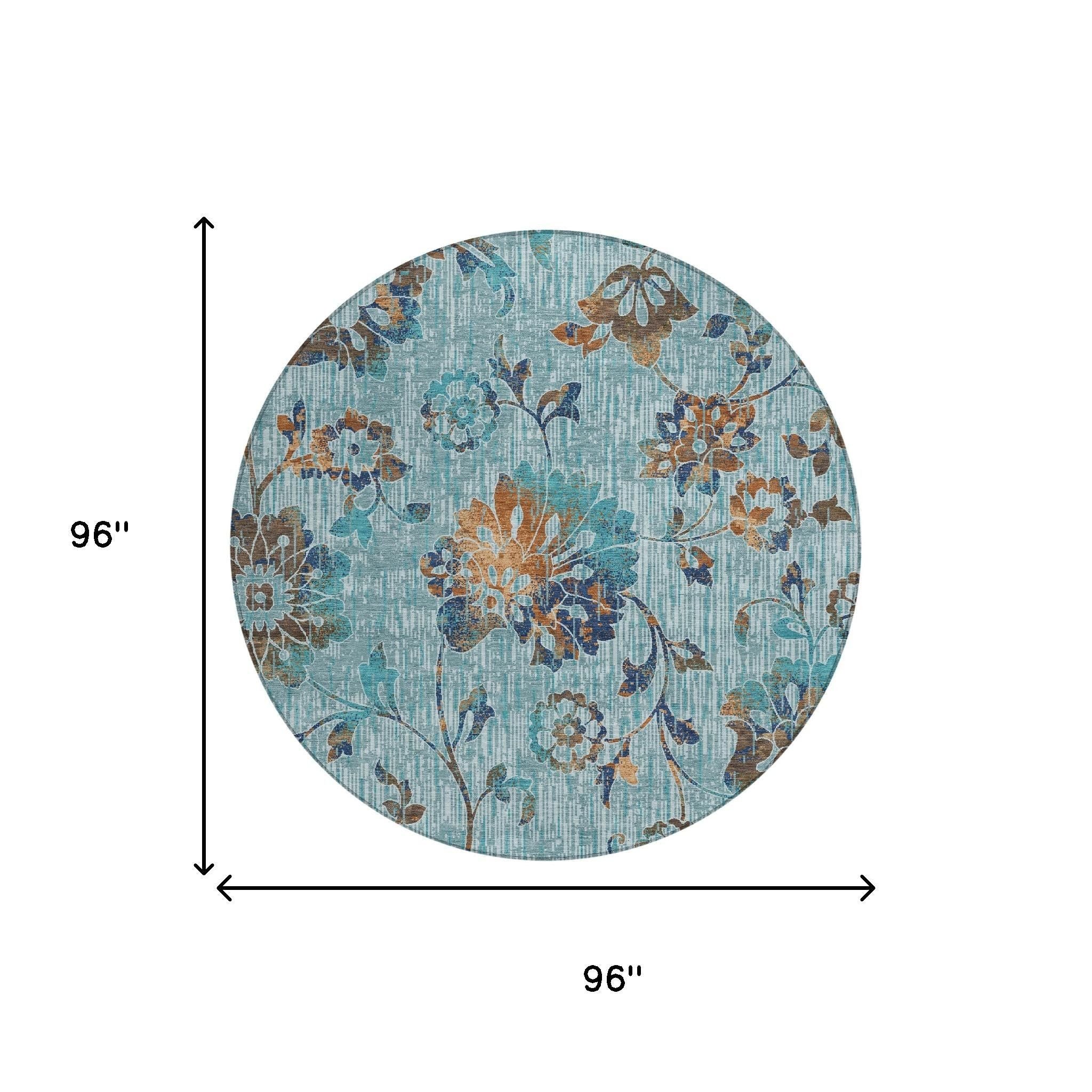 8' Teal Blue And Gray Round Floral Washable Indoor Outdoor Area Rug Homeroots Outdoor