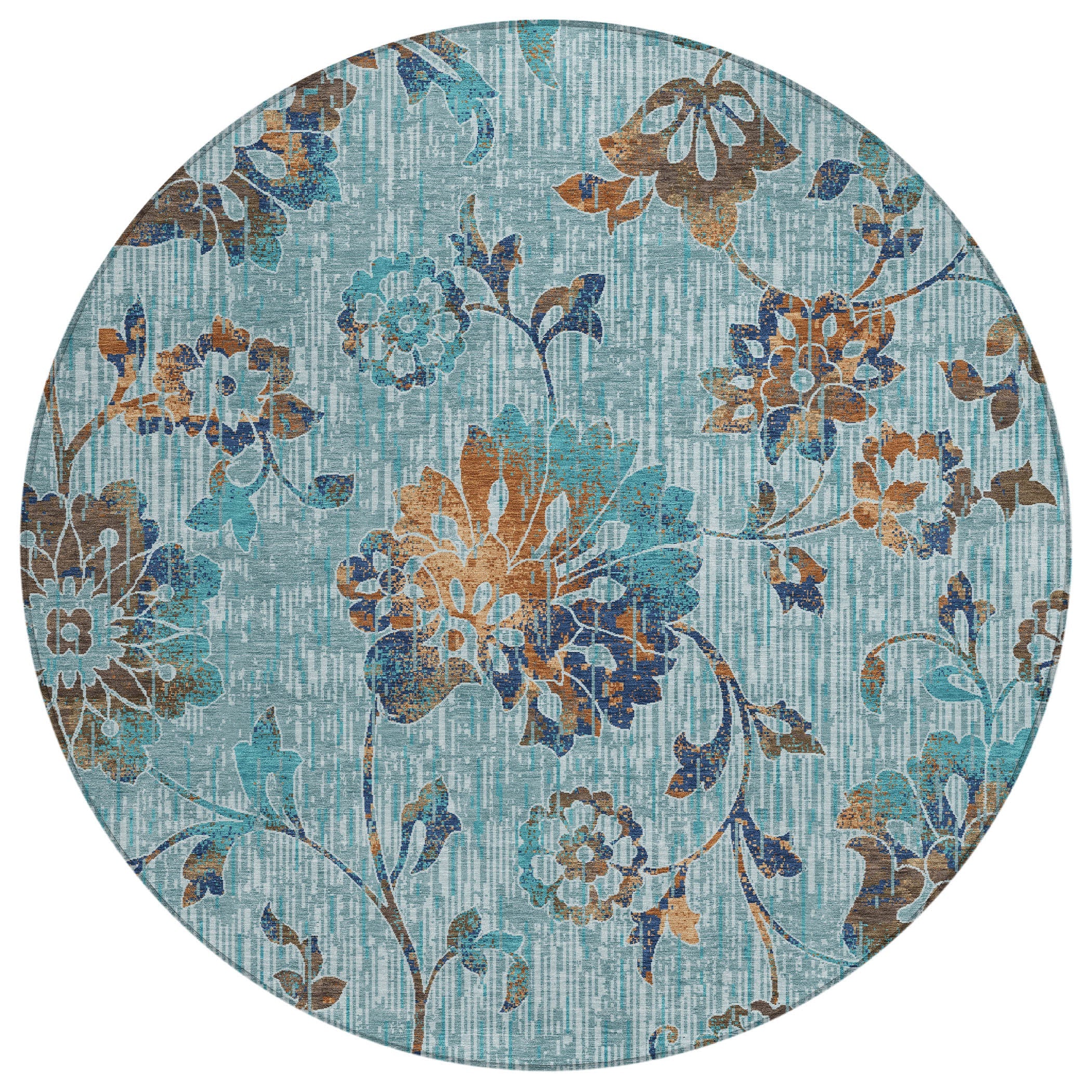 8' Teal Blue And Gray Round Floral Washable Indoor Outdoor Area Rug Homeroots Outdoor