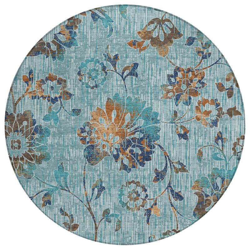 8' Teal Blue And Gray Round Floral Washable Indoor Outdoor Area Rug Homeroots Outdoor