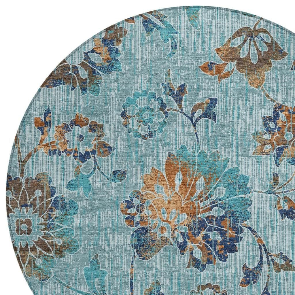 8' Teal Blue And Gray Round Floral Washable Indoor Outdoor Area Rug Homeroots Outdoor