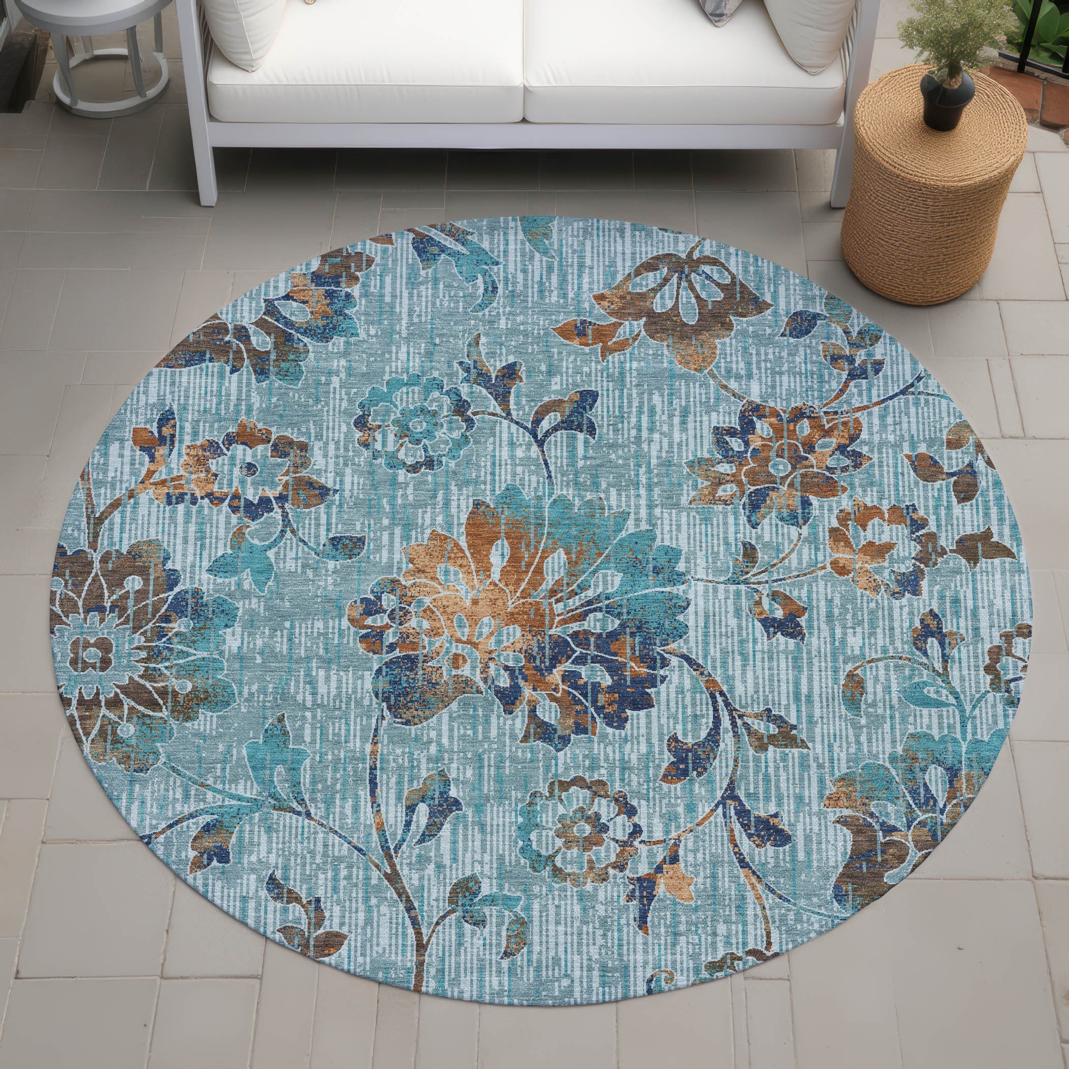 8' Teal Blue And Gray Round Floral Washable Indoor Outdoor Area Rug Homeroots Outdoor