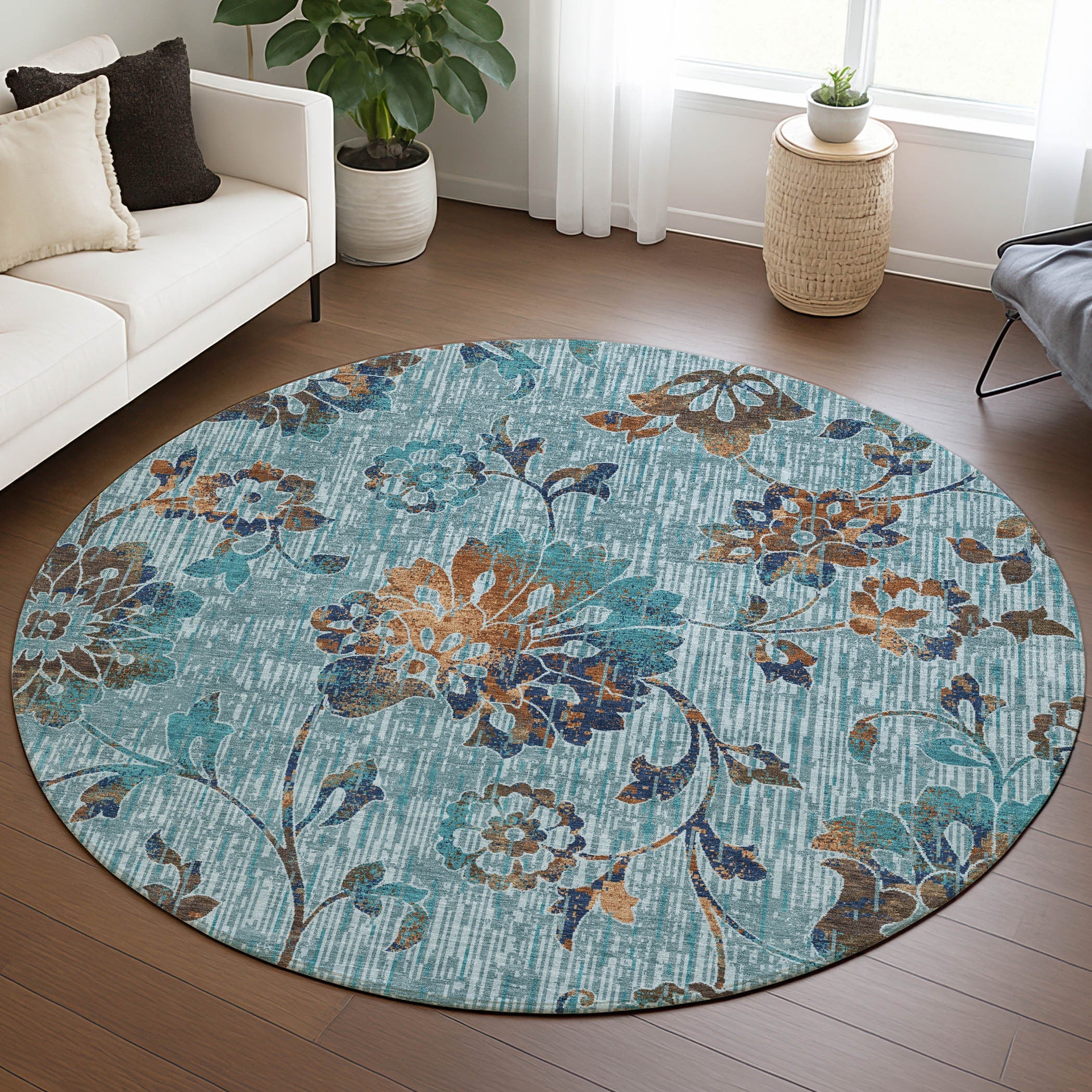 8' Teal Blue And Gray Round Floral Washable Indoor Outdoor Area Rug Homeroots Outdoor