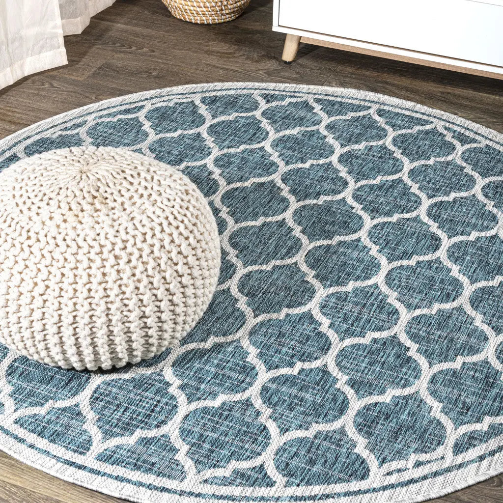 8' Teal Blue And Gray Round Geometric Indoor Outdoor Area Rug Homeroots Outdoor