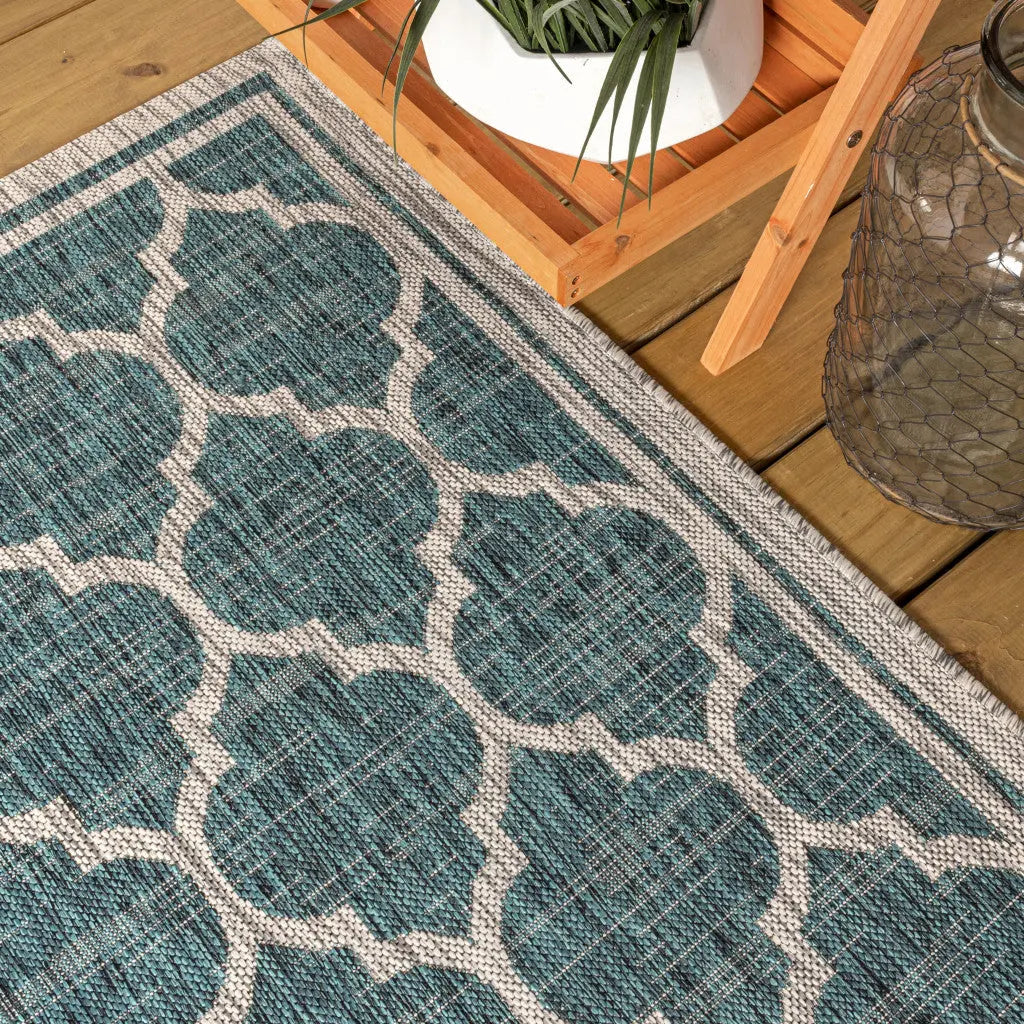 8' Teal Blue And Gray Round Geometric Indoor Outdoor Area Rug Homeroots Outdoor