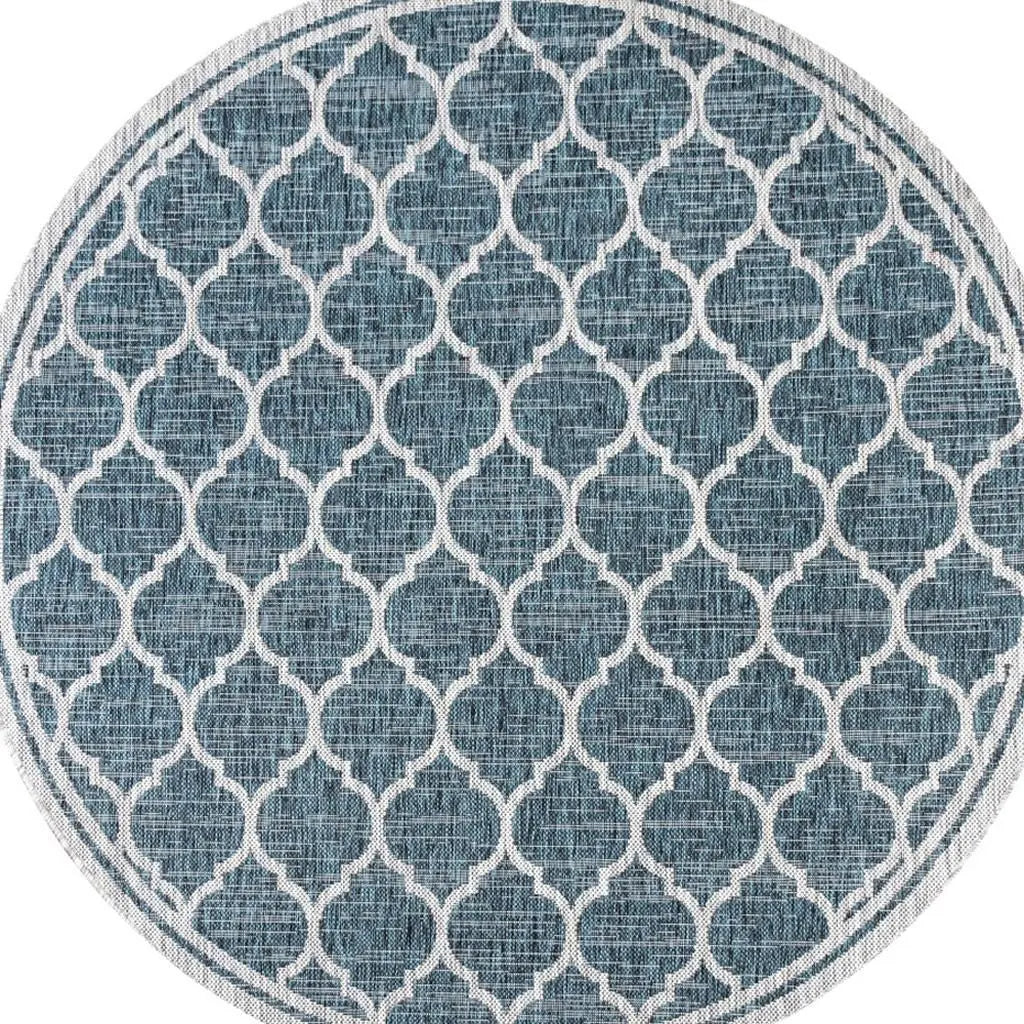 8' Teal Blue And Gray Round Geometric Indoor Outdoor Area Rug Homeroots Outdoor