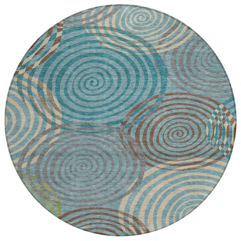 8' Teal Blue And Gray Round Geometric Washable Indoor Outdoor Area Rug Homeroots Outdoor