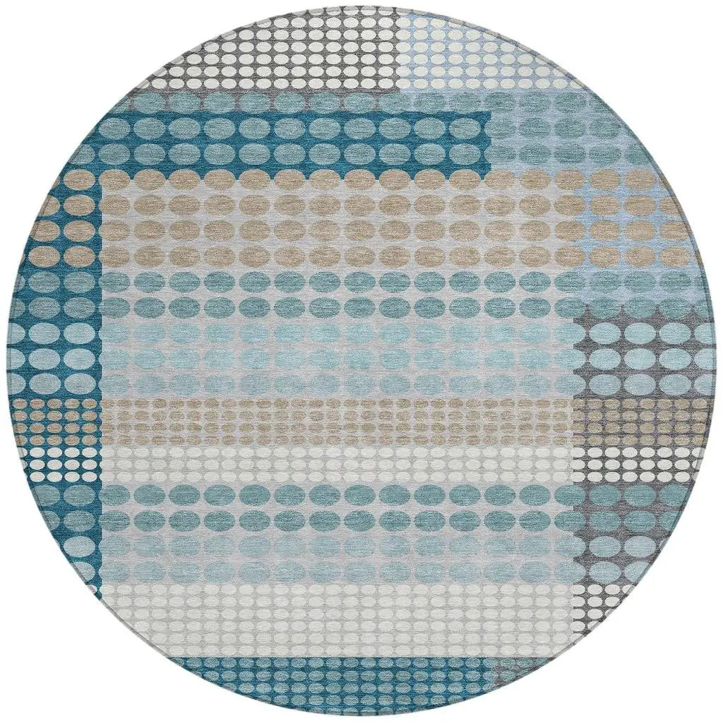 8' Teal Blue And Gray Round Geometric Washable Indoor Outdoor Area Rug Homeroots Outdoor