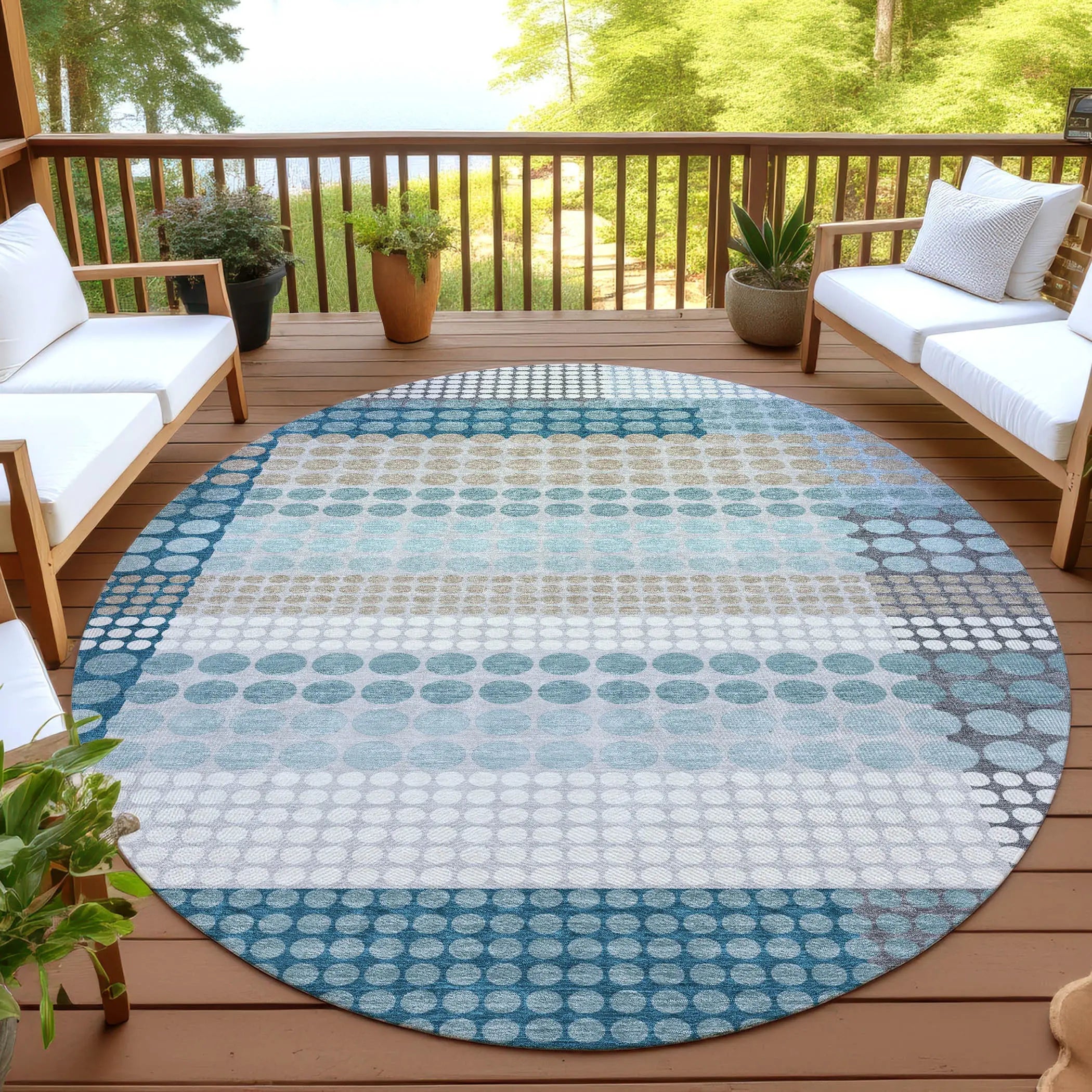 8' Teal Blue And Gray Round Geometric Washable Indoor Outdoor Area Rug Homeroots Outdoor