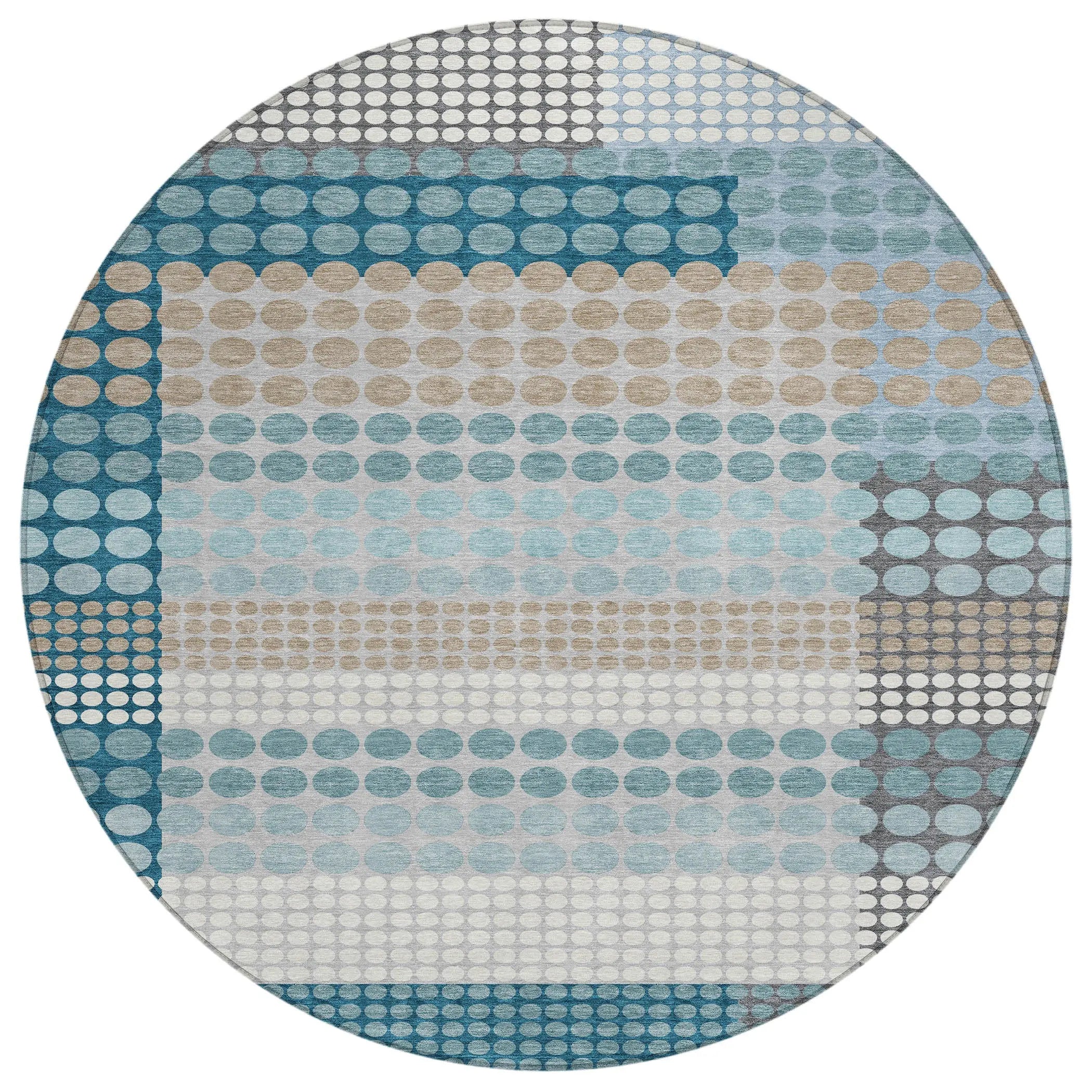 8' Teal Blue And Gray Round Geometric Washable Indoor Outdoor Area Rug Homeroots Outdoor