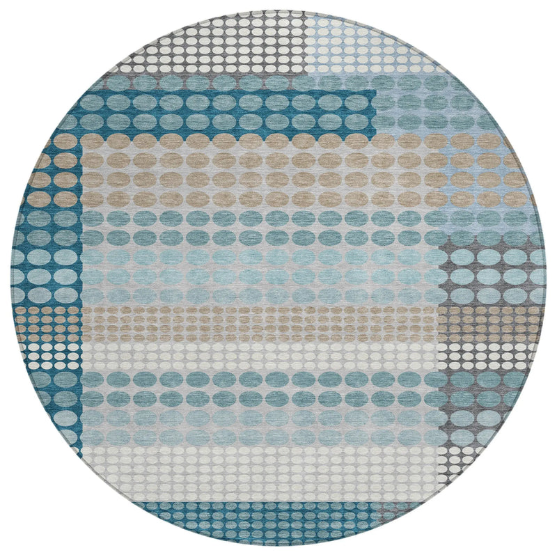 8' Teal Blue And Gray Round Geometric Washable Indoor Outdoor Area Rug Homeroots Outdoor