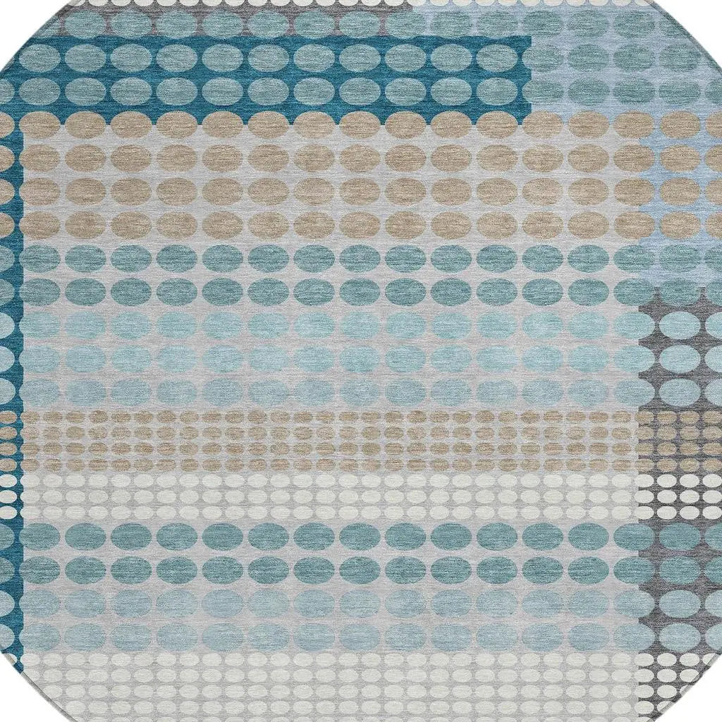 8' Teal Blue And Gray Round Geometric Washable Indoor Outdoor Area Rug Homeroots Outdoor