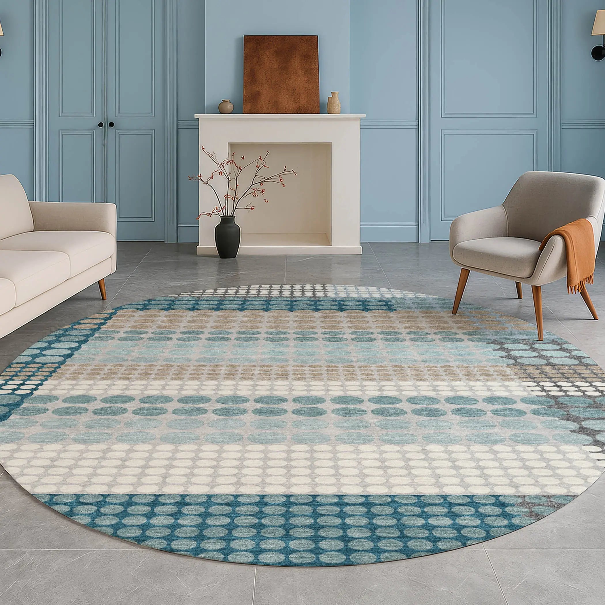 8' Teal Blue And Gray Round Geometric Washable Indoor Outdoor Area Rug Homeroots Outdoor