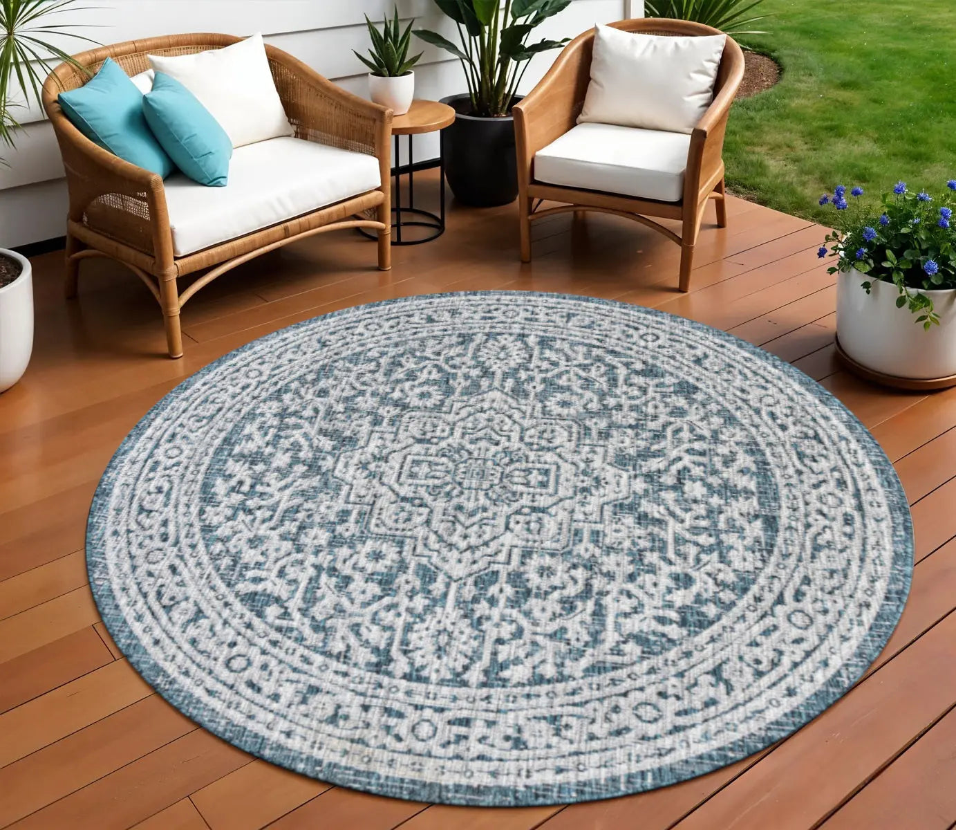 8' Teal Blue And Gray Round Medallion Indoor Outdoor Area Rug Homeroots Outdoor