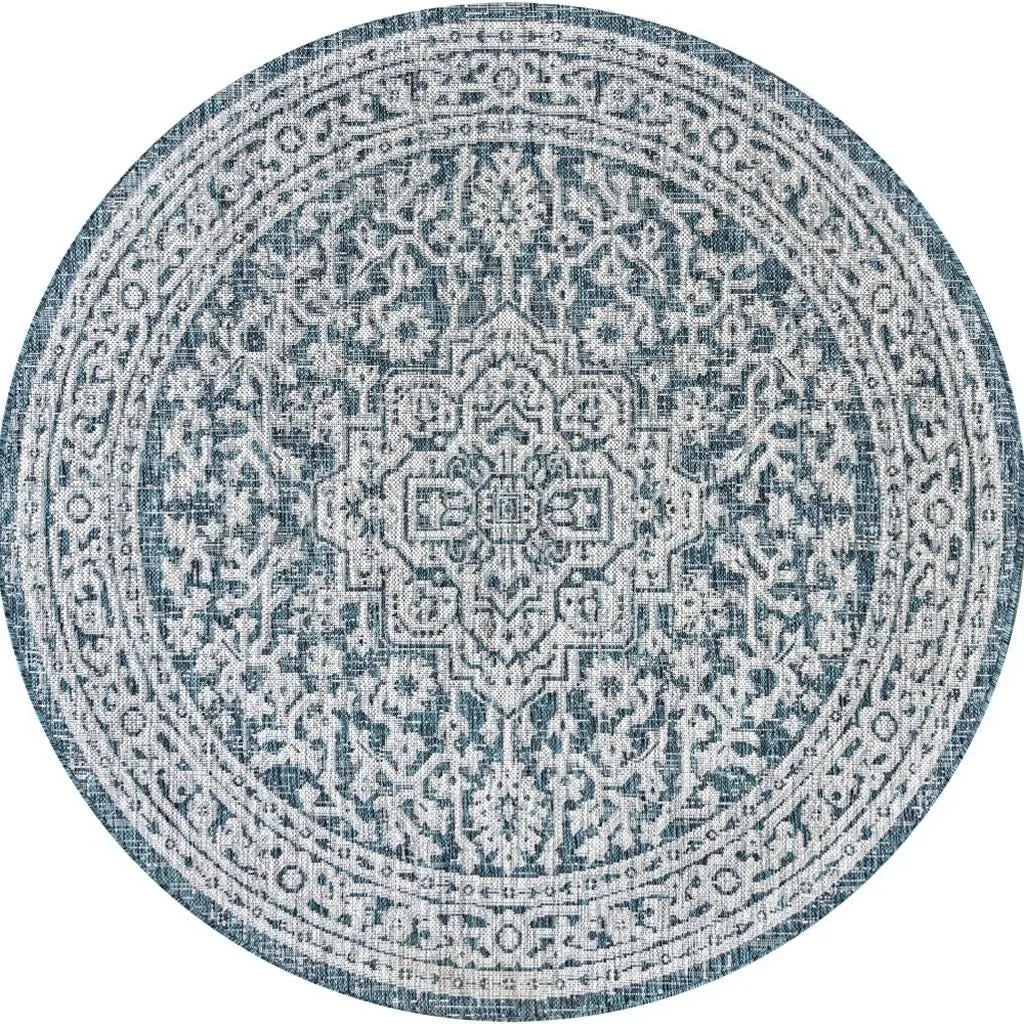 8' Teal Blue And Gray Round Medallion Indoor Outdoor Area Rug Homeroots Outdoor
