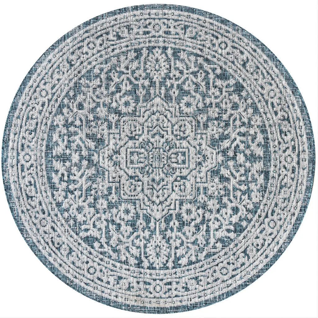 8' Teal Blue And Gray Round Medallion Indoor Outdoor Area Rug Homeroots Outdoor