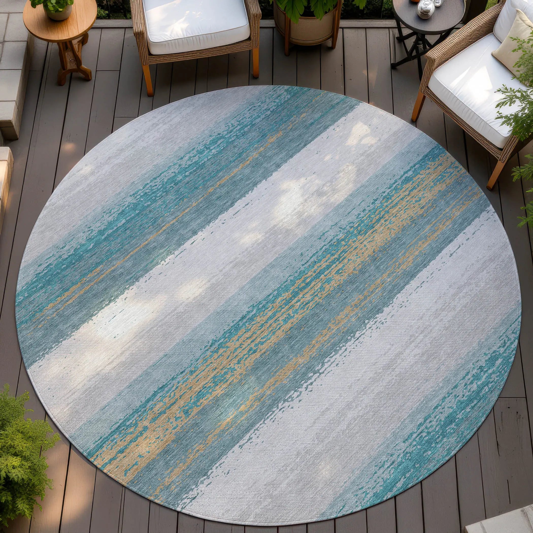 8' Teal Blue And Gray Round Striped Washable Indoor Outdoor Area Rug Homeroots Outdoor