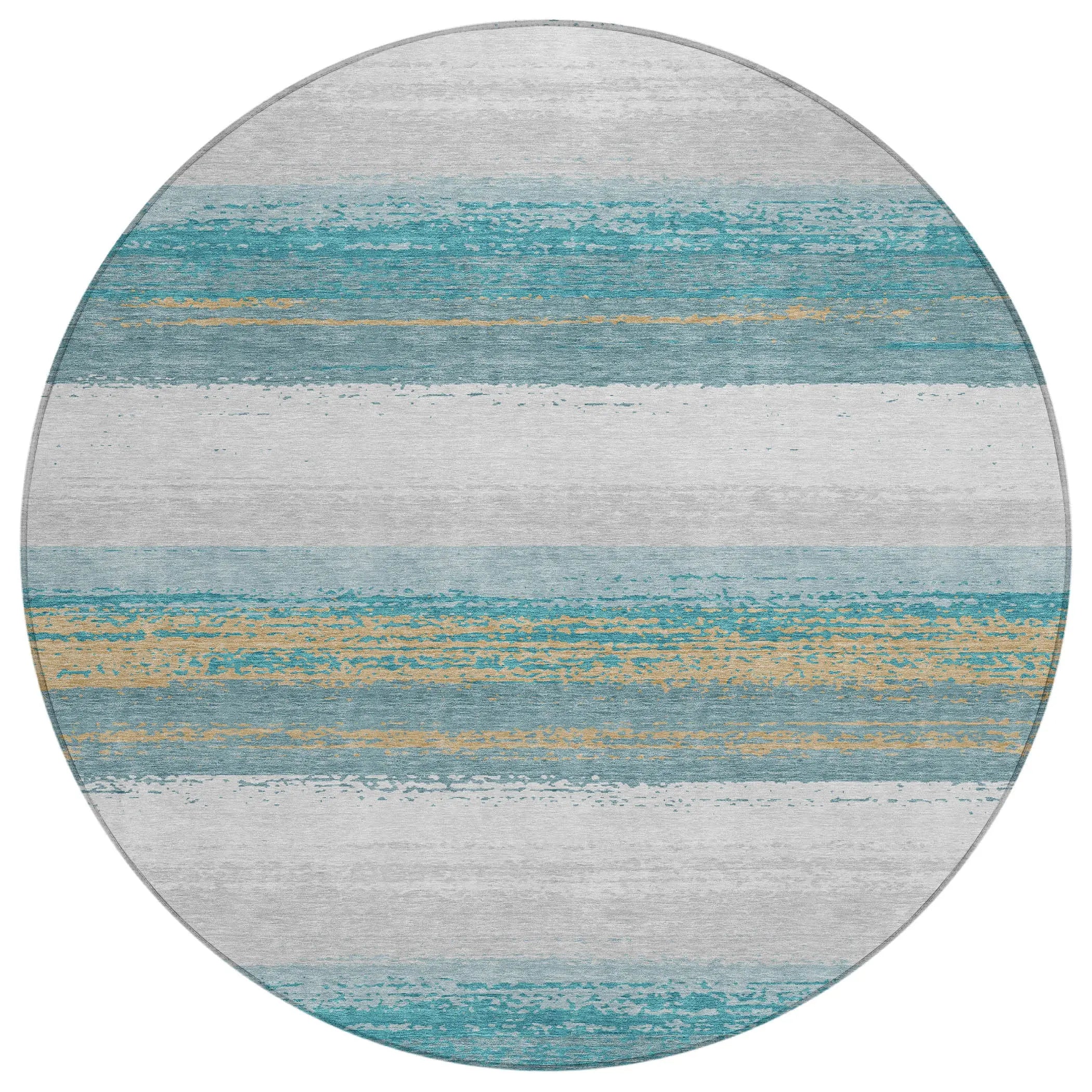 8' Teal Blue And Gray Round Striped Washable Indoor Outdoor Area Rug Homeroots Outdoor