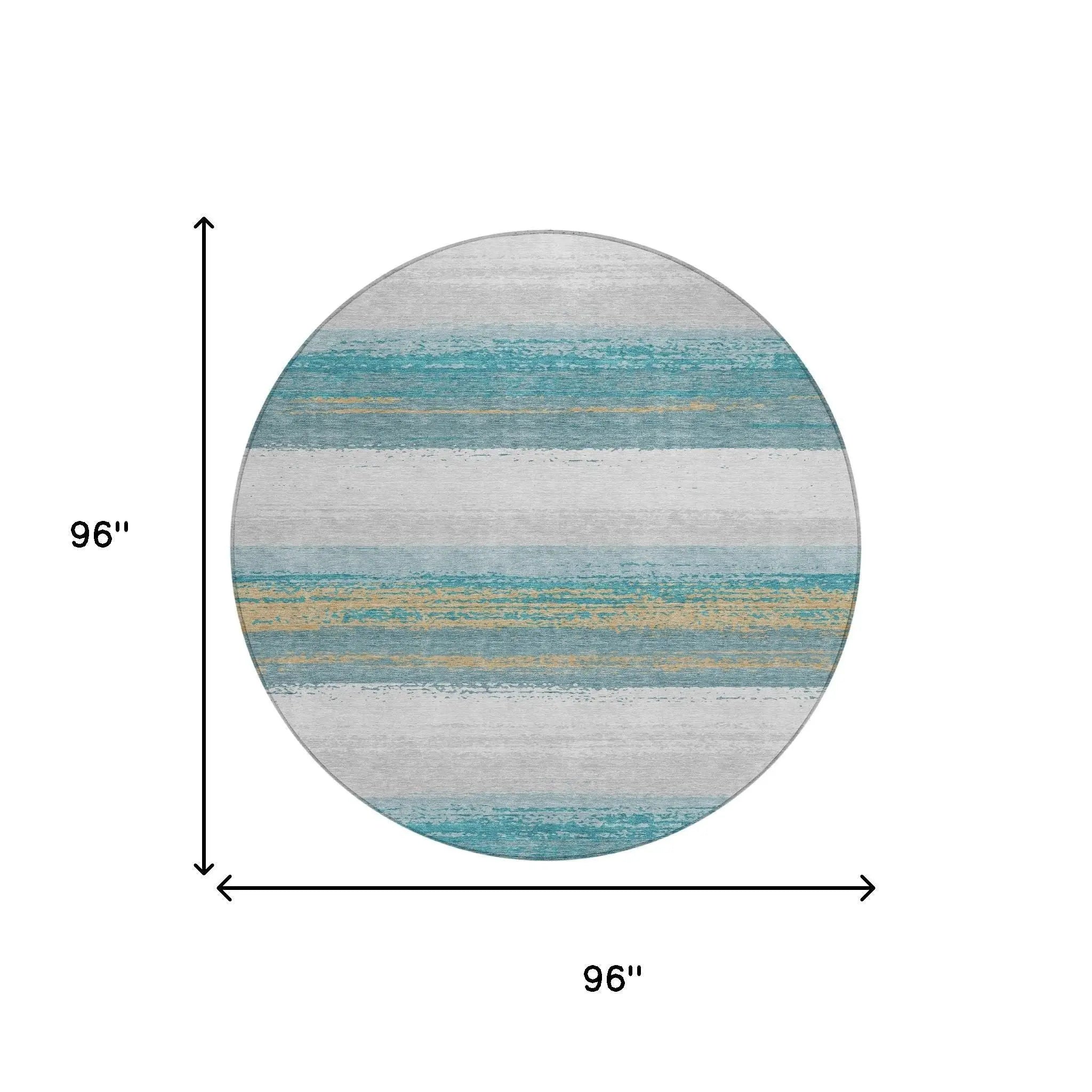 8' Teal Blue And Gray Round Striped Washable Indoor Outdoor Area Rug Homeroots Outdoor