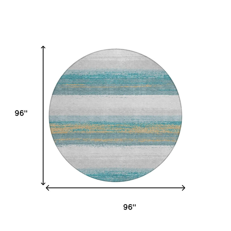 8' Teal Blue And Gray Round Striped Washable Indoor Outdoor Area Rug Homeroots Outdoor