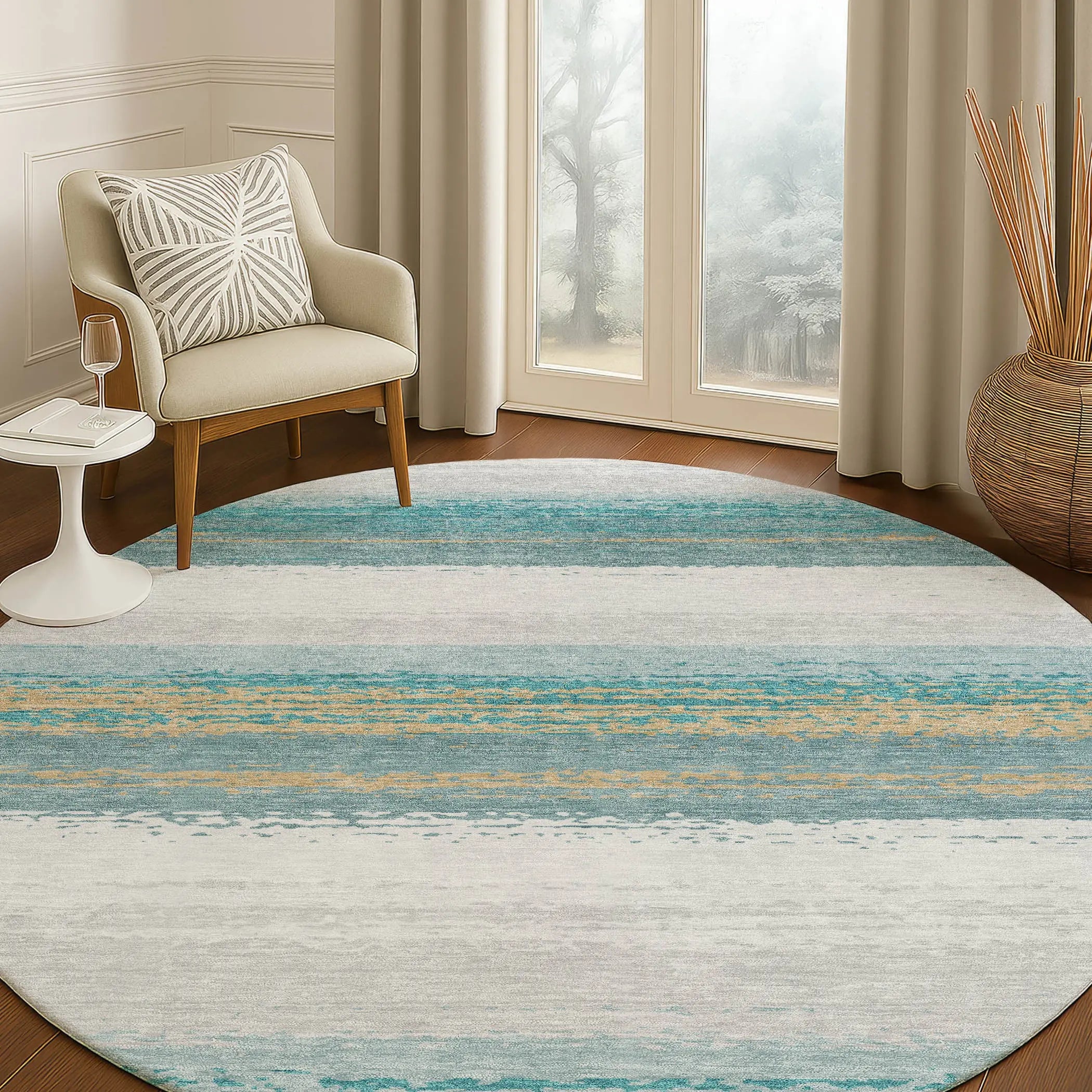 8' Teal Blue And Gray Round Striped Washable Indoor Outdoor Area Rug Homeroots Outdoor