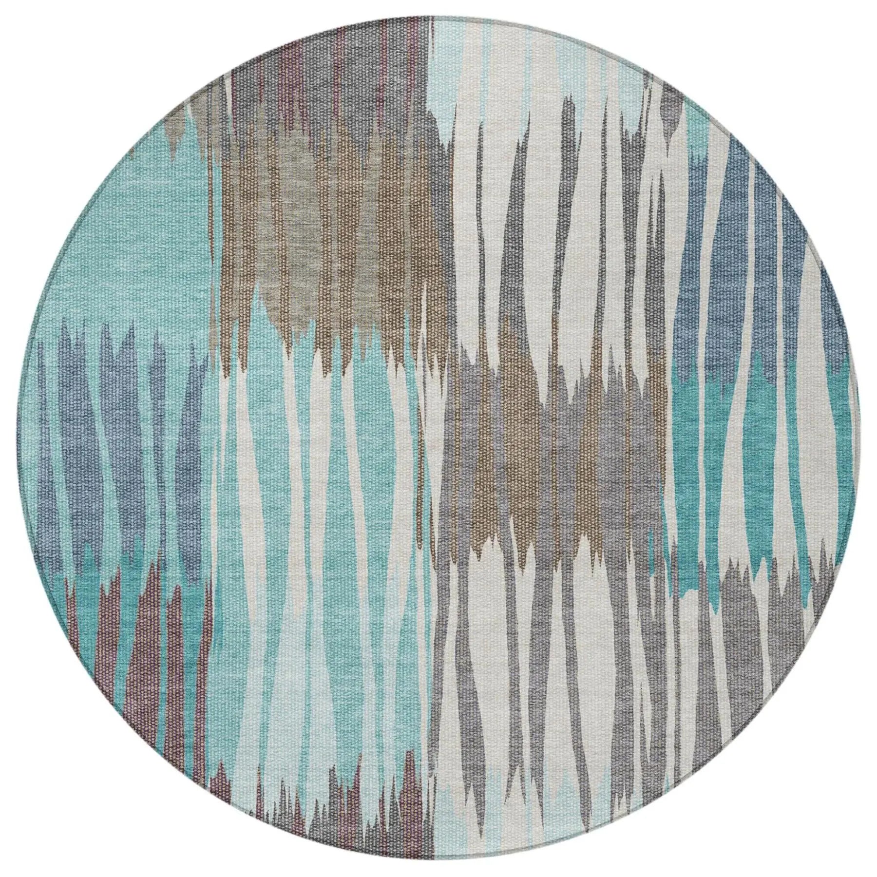 8' Teal Blue And Gray Round Striped Washable Indoor Outdoor Area Rug Homeroots Outdoor