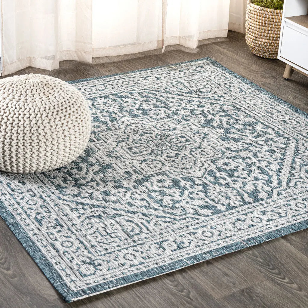 8' Teal Blue And Gray Square Medallion Indoor Outdoor Area Rug Homeroots Outdoor