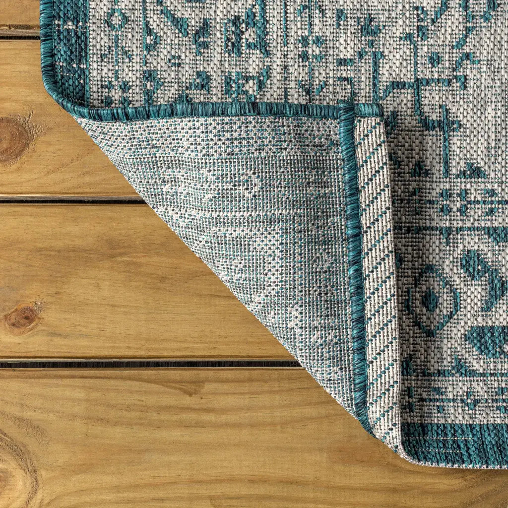 8' Teal Blue And Gray Square Medallion Indoor Outdoor Area Rug Homeroots Outdoor
