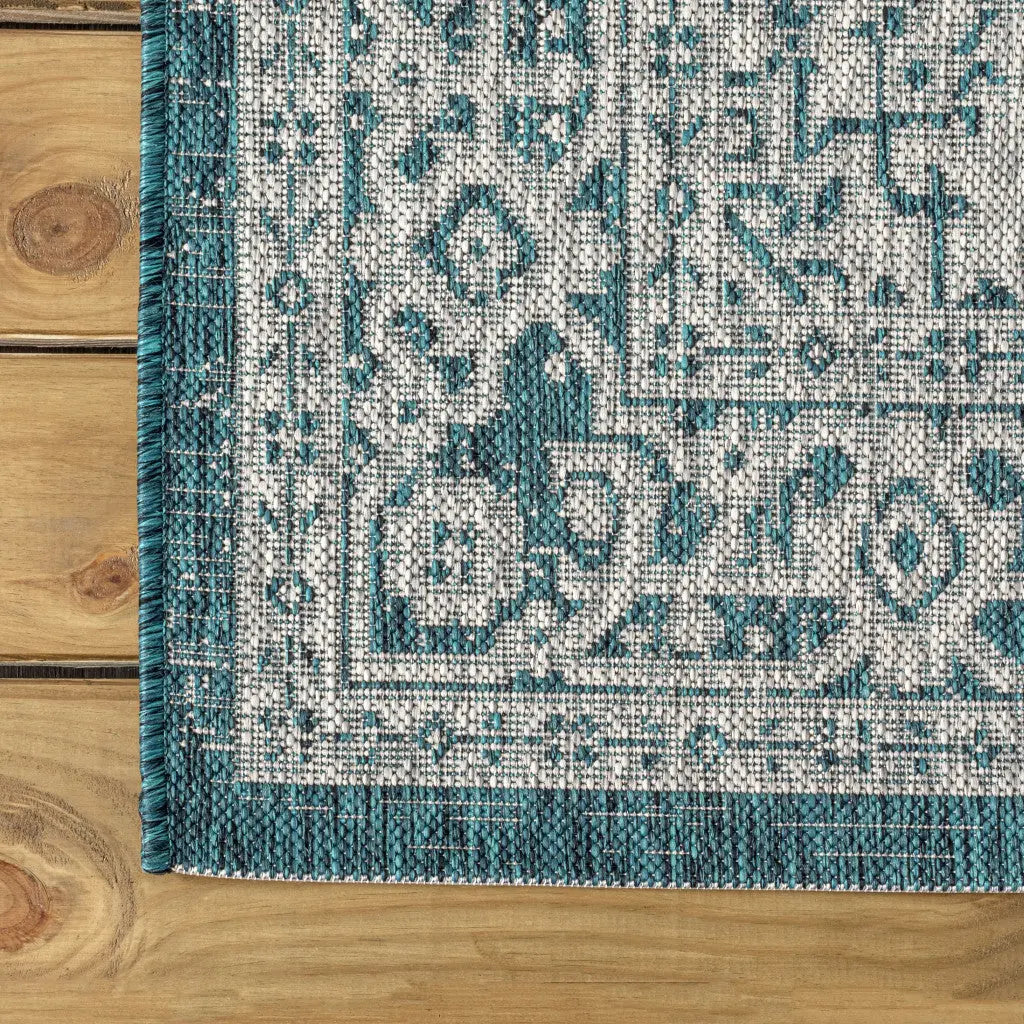 8' Teal Blue And Gray Square Medallion Indoor Outdoor Area Rug Homeroots Outdoor