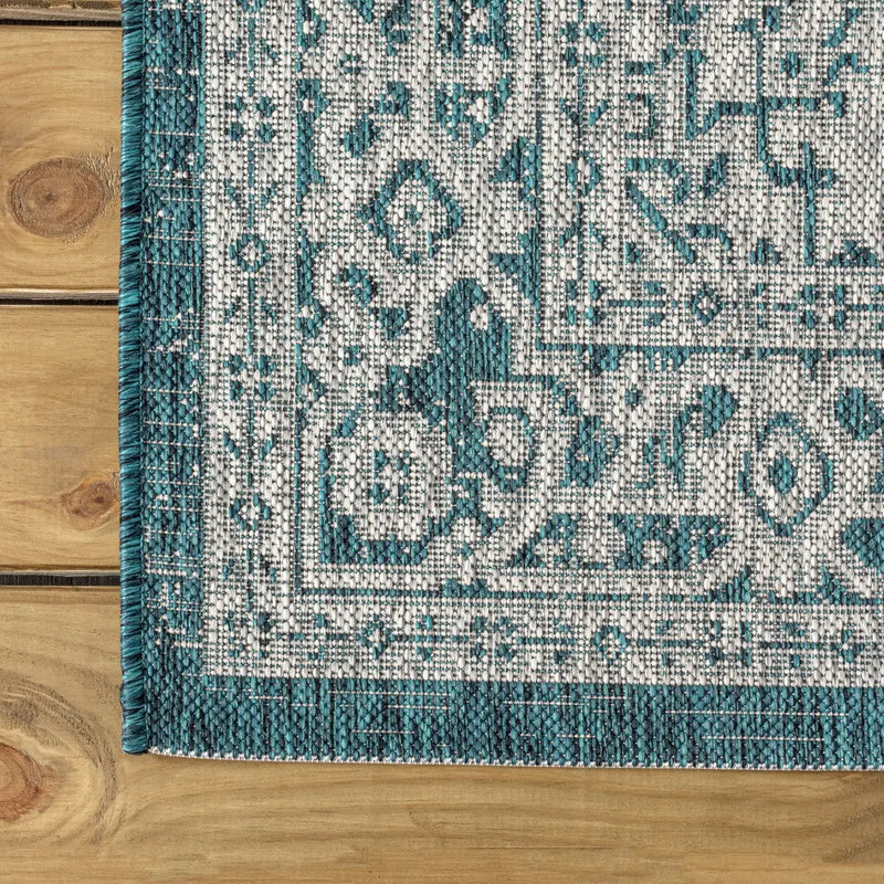 8' Teal Blue And Gray Square Medallion Indoor Outdoor Area Rug Homeroots Outdoor