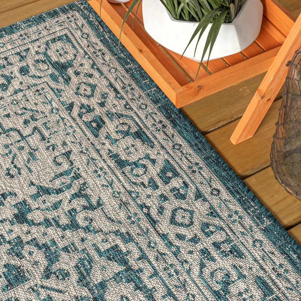 8' Teal Blue And Gray Square Medallion Indoor Outdoor Area Rug Homeroots Outdoor