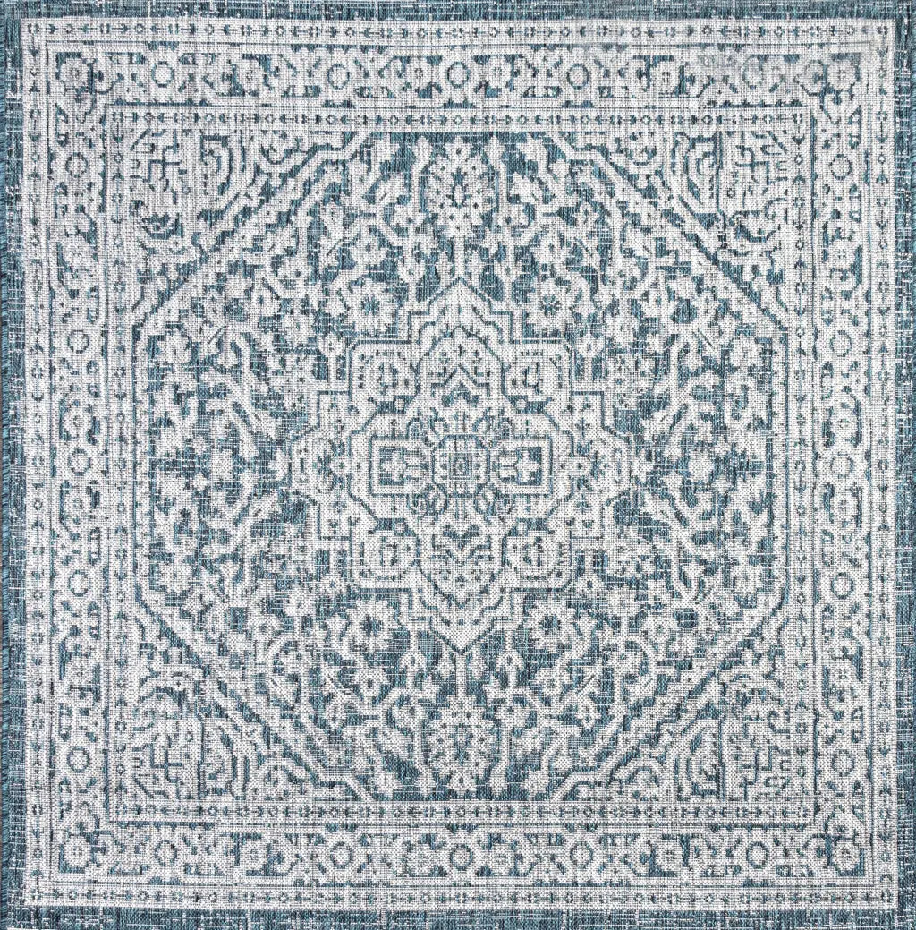 8' Teal Blue And Gray Square Medallion Indoor Outdoor Area Rug Homeroots Outdoor