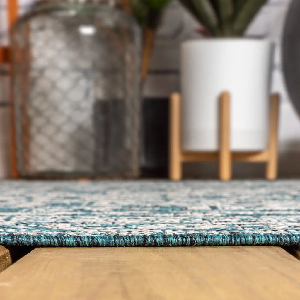8' Teal Blue And Gray Square Medallion Indoor Outdoor Area Rug Homeroots Outdoor