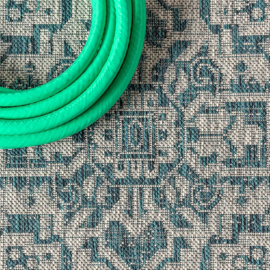8' Teal Blue And Gray Square Medallion Indoor Outdoor Area Rug Homeroots Outdoor