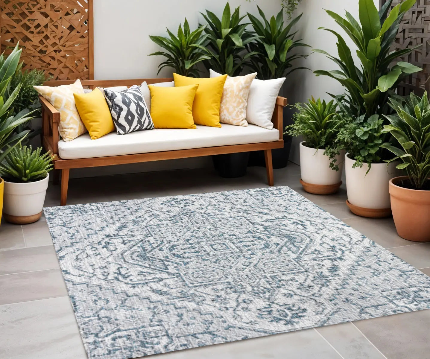 8' Teal Blue And Gray Square Medallion Indoor Outdoor Area Rug Homeroots Outdoor