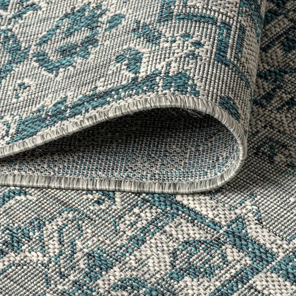 8' Teal Blue And Gray Square Medallion Indoor Outdoor Area Rug Homeroots Outdoor