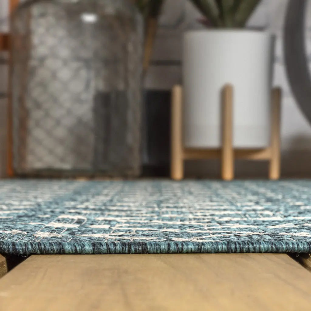 8' Teal Blue And Gray Trellis Indoor Outdoor Runner Rug Homeroots Outdoor