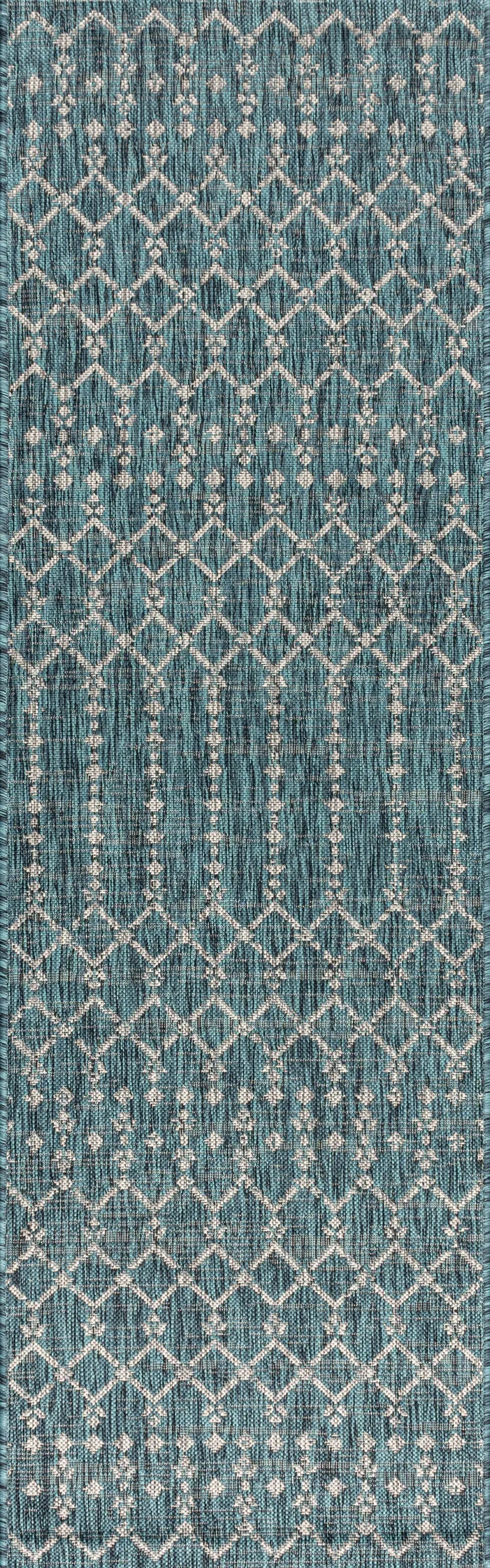 8' Teal Blue And Gray Trellis Indoor Outdoor Runner Rug Homeroots Outdoor