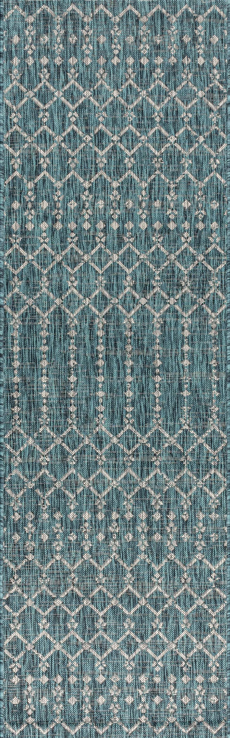 8' Teal Blue And Gray Trellis Indoor Outdoor Runner Rug Homeroots Outdoor