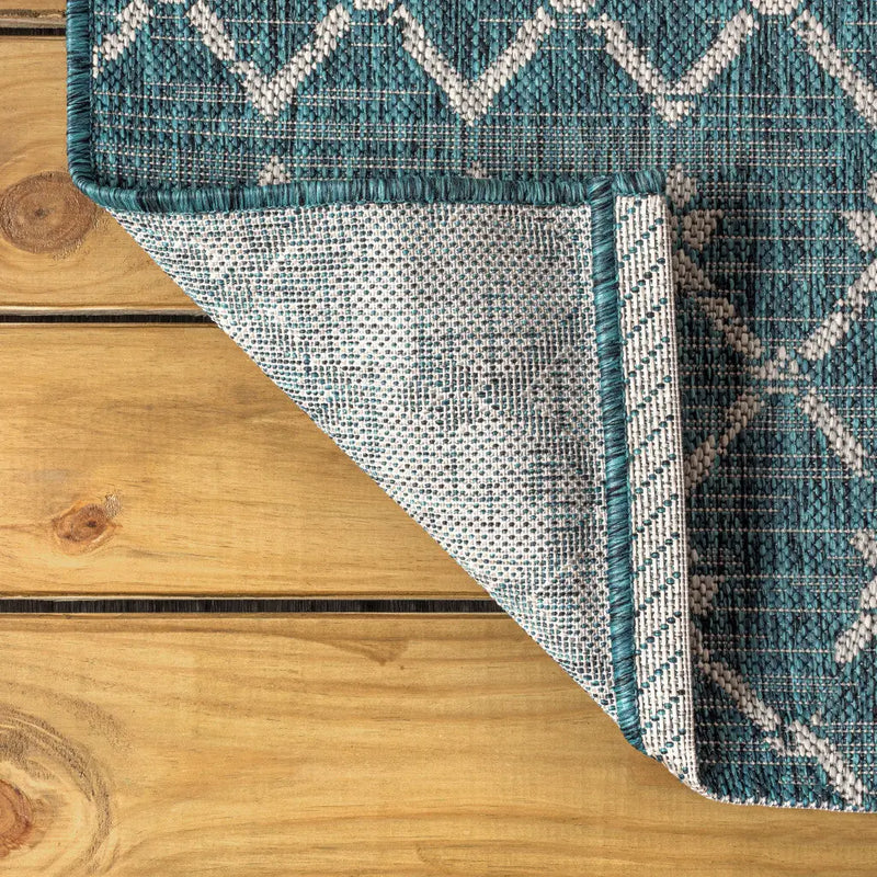 8' Teal Blue And Gray Trellis Indoor Outdoor Runner Rug Homeroots Outdoor