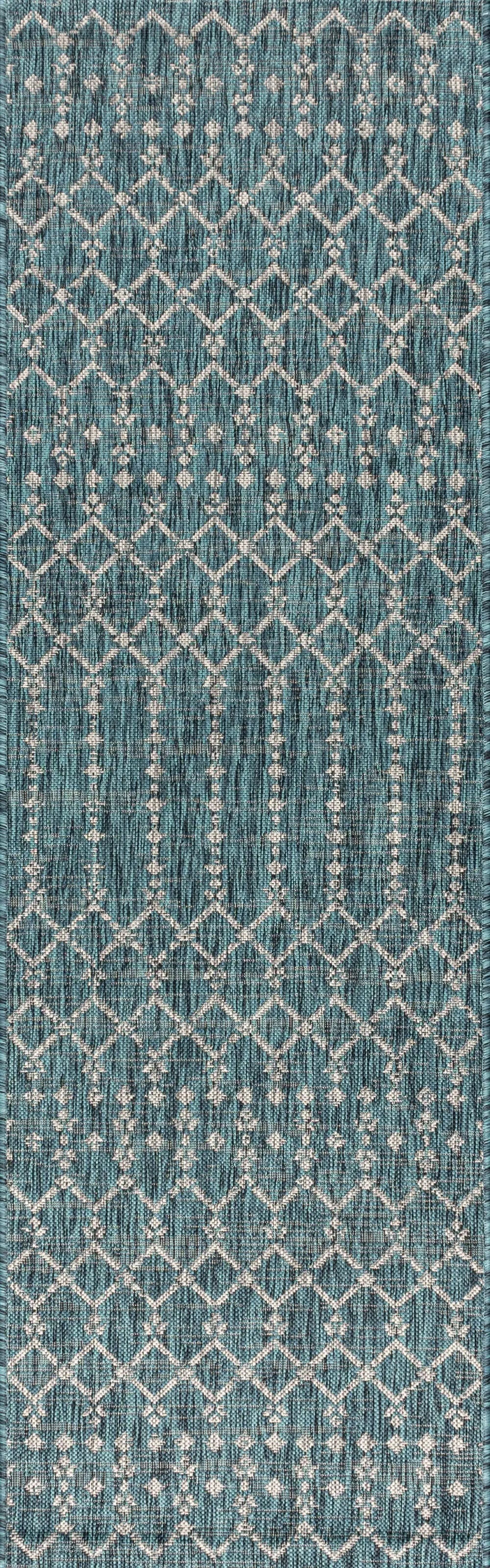 8' Teal Blue And Gray Trellis Indoor Outdoor Runner Rug Homeroots Outdoor