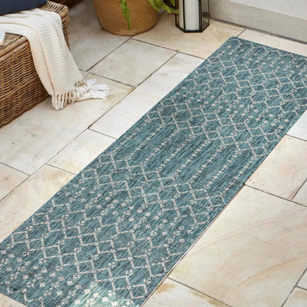 8' Teal Blue And Gray Trellis Indoor Outdoor Runner Rug Homeroots Outdoor