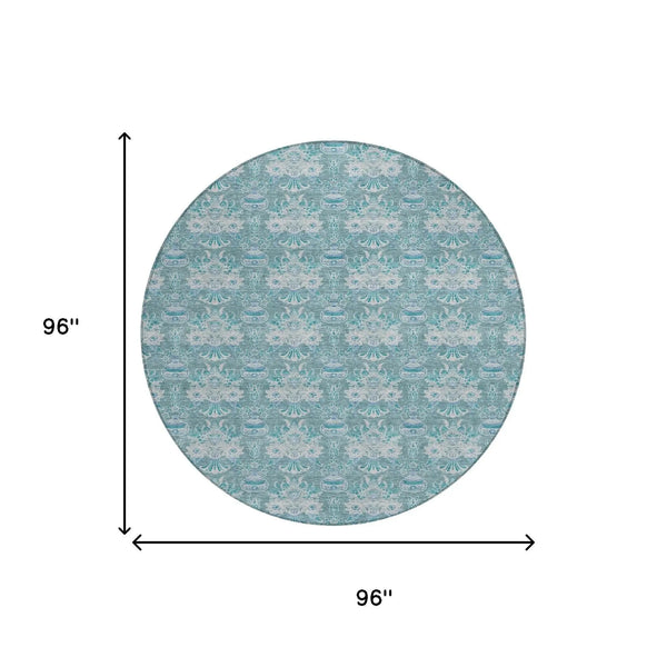 8' Teal Blue And Green Round Floral Washable Indoor Outdoor Area Rug Homeroots Outdoor