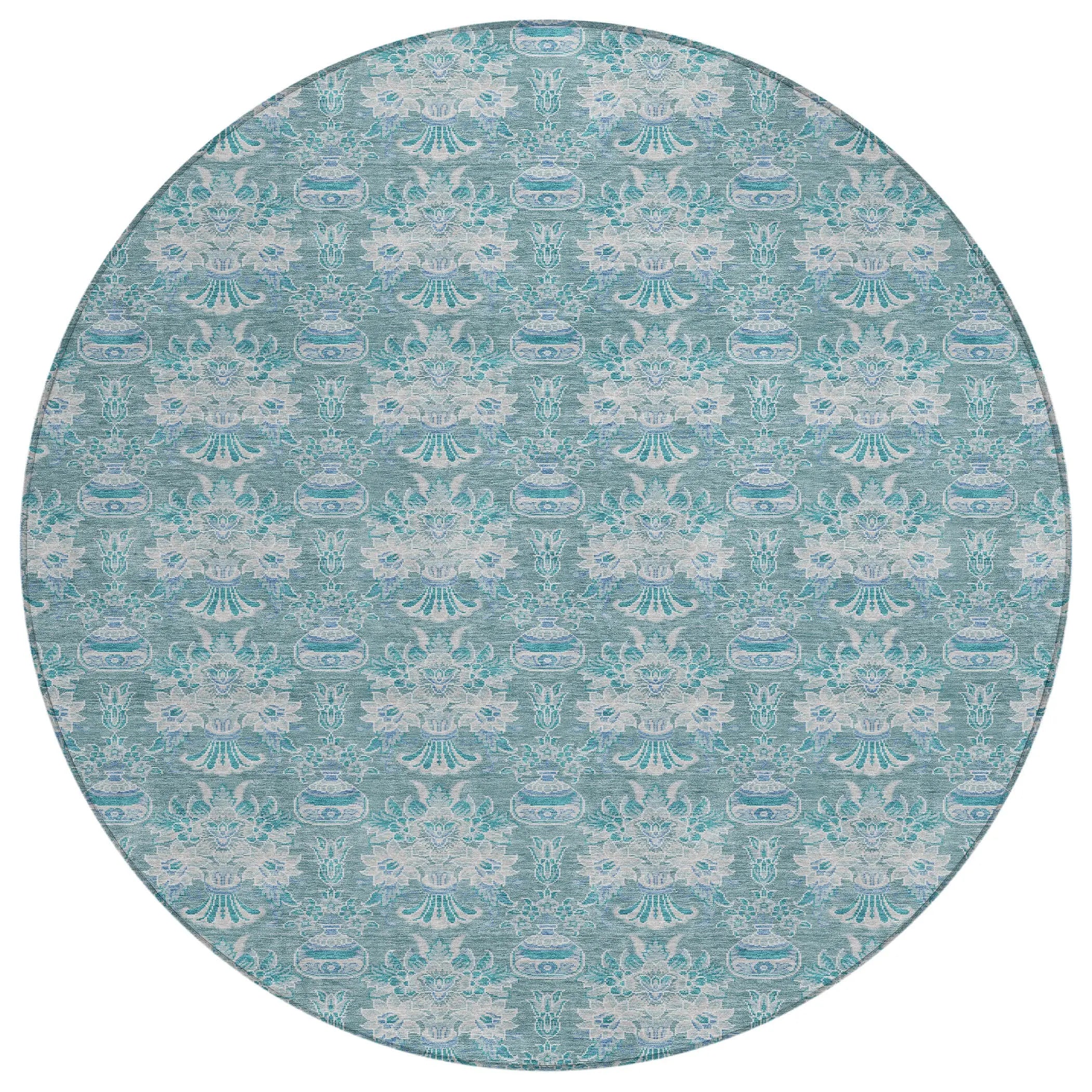 8' Teal Blue And Green Round Floral Washable Indoor Outdoor Area Rug Homeroots Outdoor