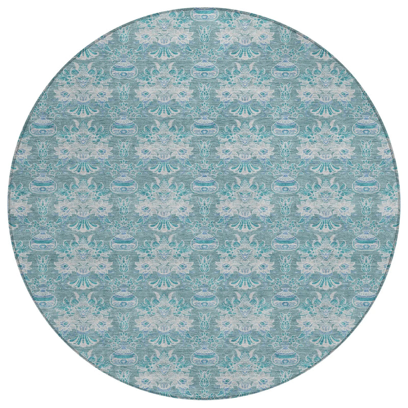 8' Teal Blue And Green Round Floral Washable Indoor Outdoor Area Rug Homeroots Outdoor