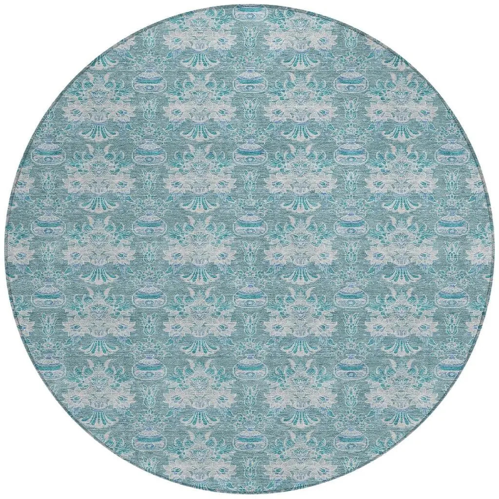 8' Teal Blue And Green Round Floral Washable Indoor Outdoor Area Rug Homeroots Outdoor